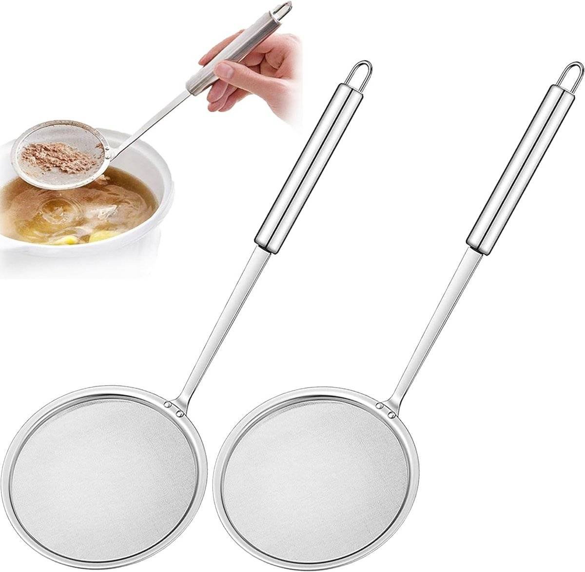 2 Pieces Stainless Steel Kitchen Sieve - Food Sieve - Sieve - Skimmer - Spoon-skimmer with handle and colander - Frying Spatula - for noodles / rice / vegetables / egg whites etc. - Colander - for filter residue - Skimmer Spoon - Silver - ø10 cm