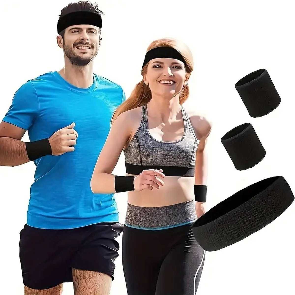 Set of Headband and 2x Wristbands Set | Sweatband | Sweatbands | Head and Wrist | Sports Bands | Black