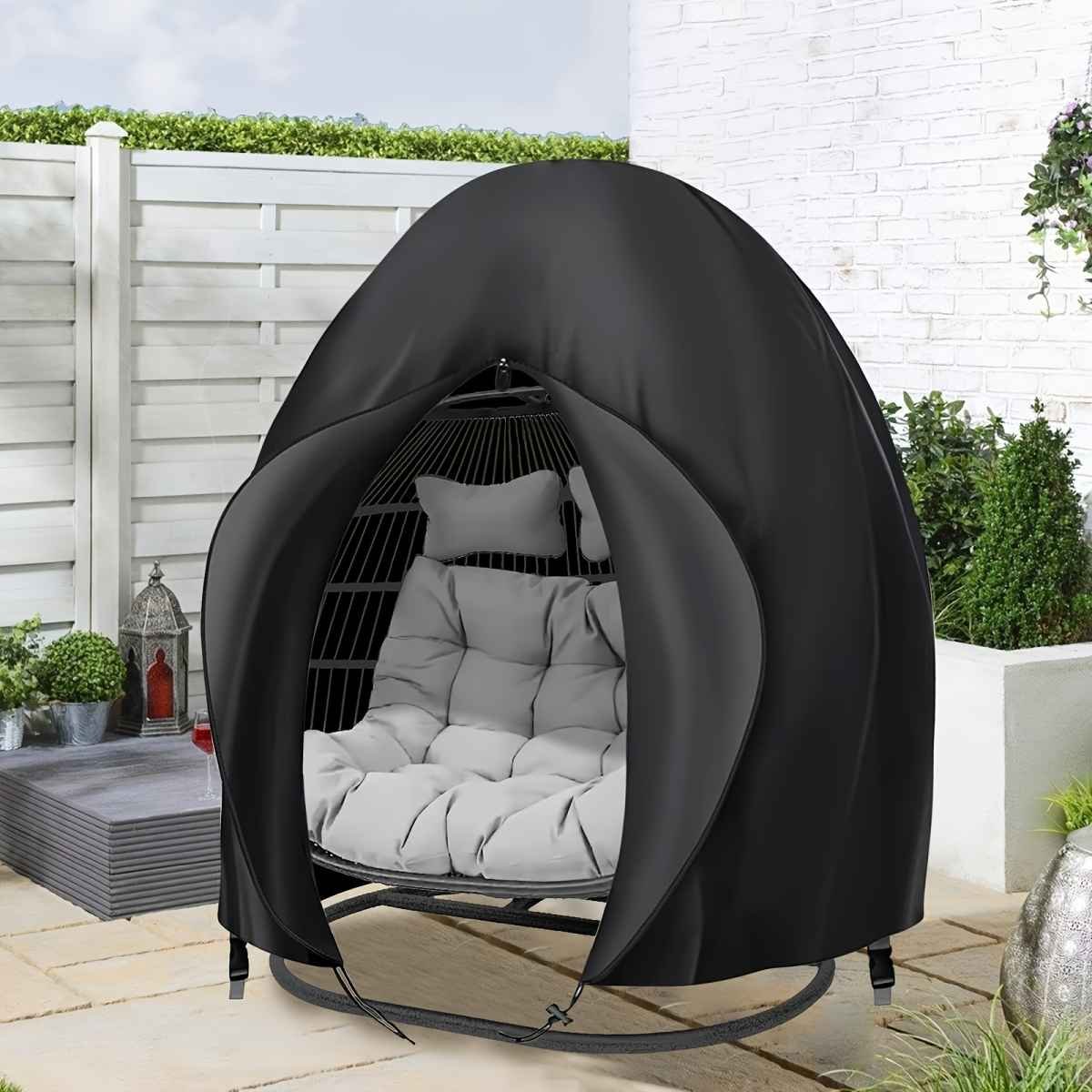 Black Heavy Duty Hanging Egg Chair Shield with Windproof Drawstring and Storage Bag - Waterproof & Dustproof Garden Swing Chair Protector (Double Seat 190 x 115 CM)
