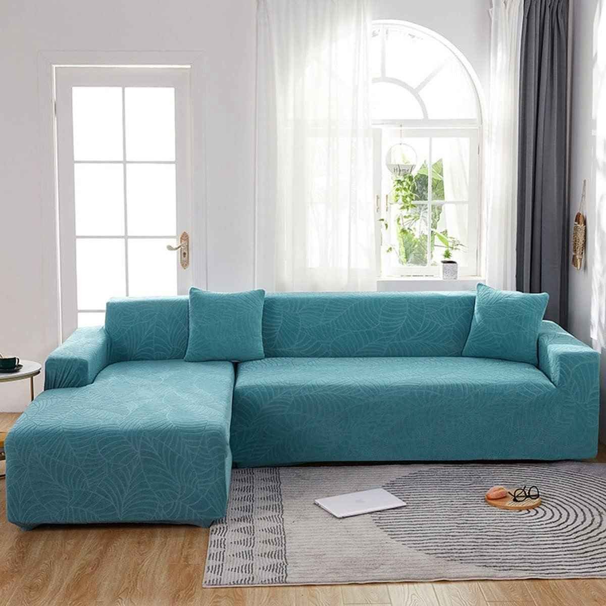 Waterproof sofa cover - Bright blue jacquard leaf pattern - For 2-seater sofa (145-180 cm)