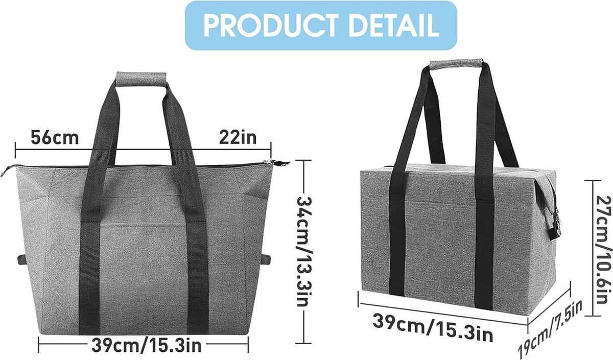 Cooler Bags - Lunch Bag - Foldable Cooler Bag - 20 L - 30x27x19 Cm - Insulation - 300D Oxford Cloth - Handle Strap - Cooler Bag - Lunch Bag - Insulated Cooler Bag - Picnic Bag - Cooler Bag Lunch - Handbag - Shopping Bag - Grey - Sustainable