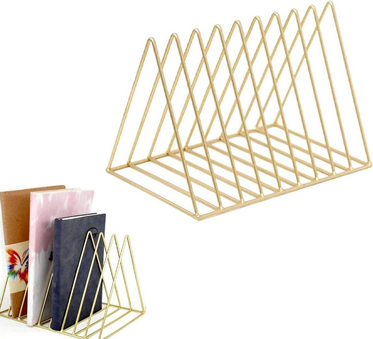 Magazine Rack - Record Rack - Mail Organizer - Steel Triangle Mail and Book Rack - Newspaper Holder - Mail Organizer - Reading Tray - Magazine Holder - Newspaper Rack - Magazine Bin - Freestanding - Storage for Mail, Magazines, and Books - Gold - Metal