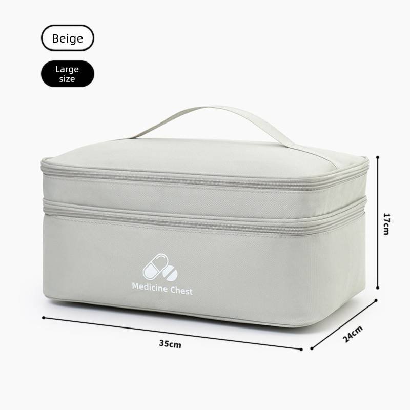 Beige Large First Aid Organizer –35×24×17cm Double-Layer Medicine Storage Case for Family & Travel Use