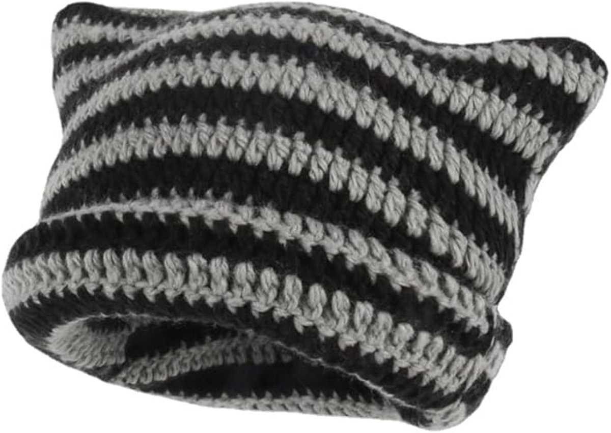 Fairy-like retro knitted hat, cat hat, striped loose crochet hat, warm knitted alternative headwear accessory for winter.