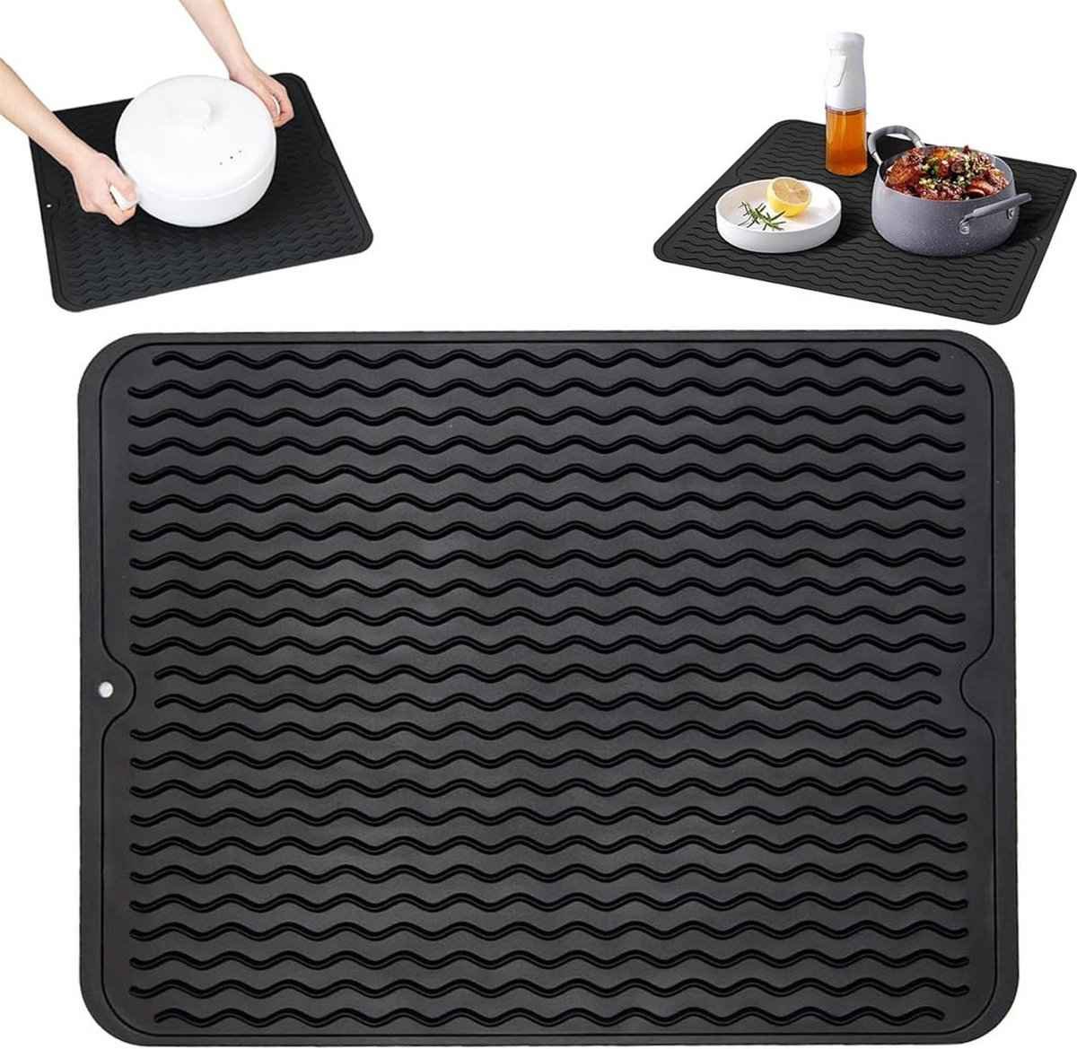 Draining Mat - Drying Mat - Silicone Mat - Dishwashing Mat - Countertop Mat - Bar Mat - With Hanging Hole - Black - 30 x 40 Cm - Pot Coaster - Draining Racks - Anti-Slip - Heat Resistant - Dishwasher Safe