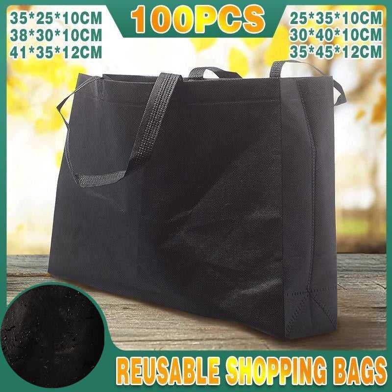 100PCS Reusable Non Woven Shopping Bags Eco Friendly Washable Tote Bags Black - 41X35X12CM