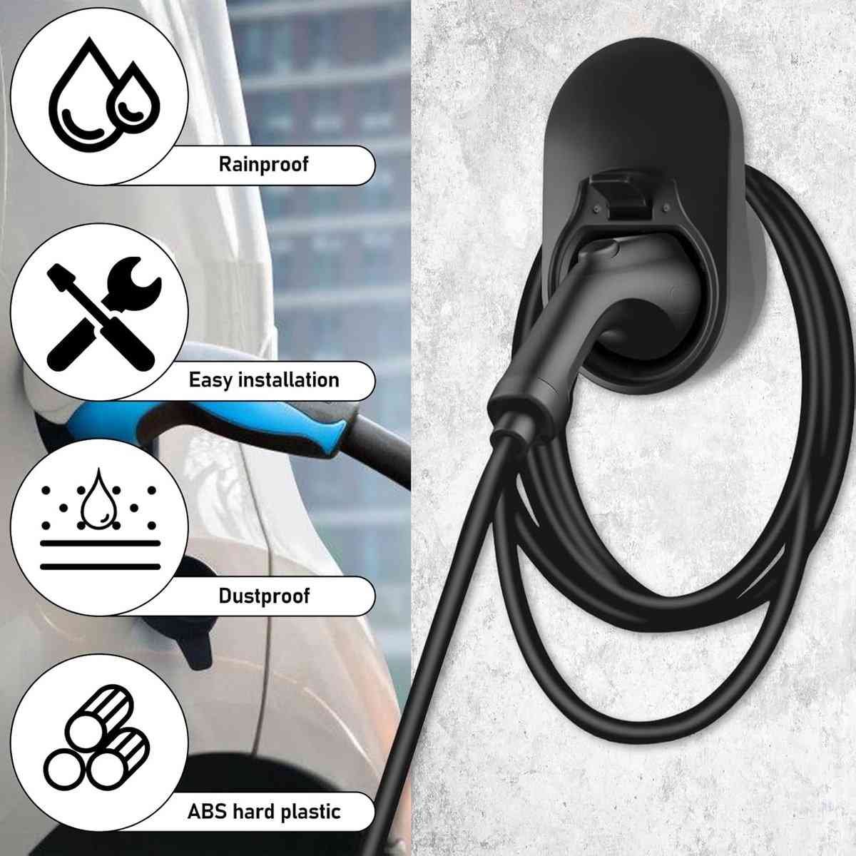 Charger Holder - Type 2 Charger - Wall Mount Cable Holder - Cable Organizer for Electric Cars - Bracket for Charging Electric Vehicles - Wall Charger Bracket for Electric Vehicles - Compatible with EU-compliant Charging Sockets - Black