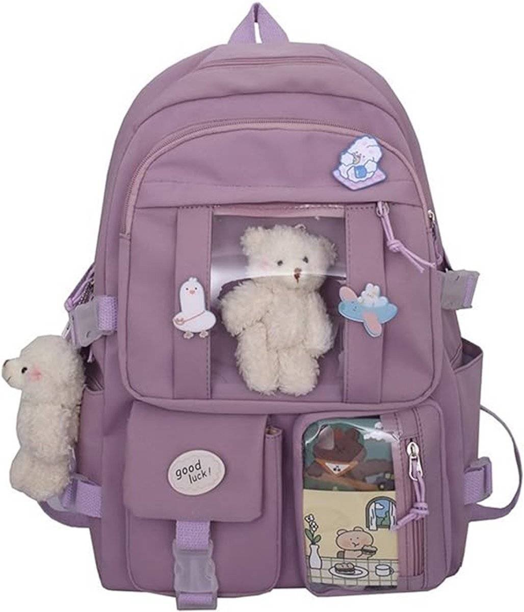Waterproof backpack for girls - Girl's Backpack With Pin and Accessories - boys' backpack - women's backpack - Lightweight School Bag - School Student School Bag - Large Capacity Backpacks - Teenagers - High School Backpacks - Purple