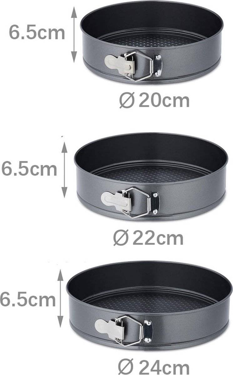 3-Piece Round Springform Set - Round Baking Tin - Cake Pan - Non-Stick Baking Pan - 20, 22 and 24cm - Removable Base - Bakes Evenly - Baking Set - Cake Pan - Dishwasher Safe - Metal - Black