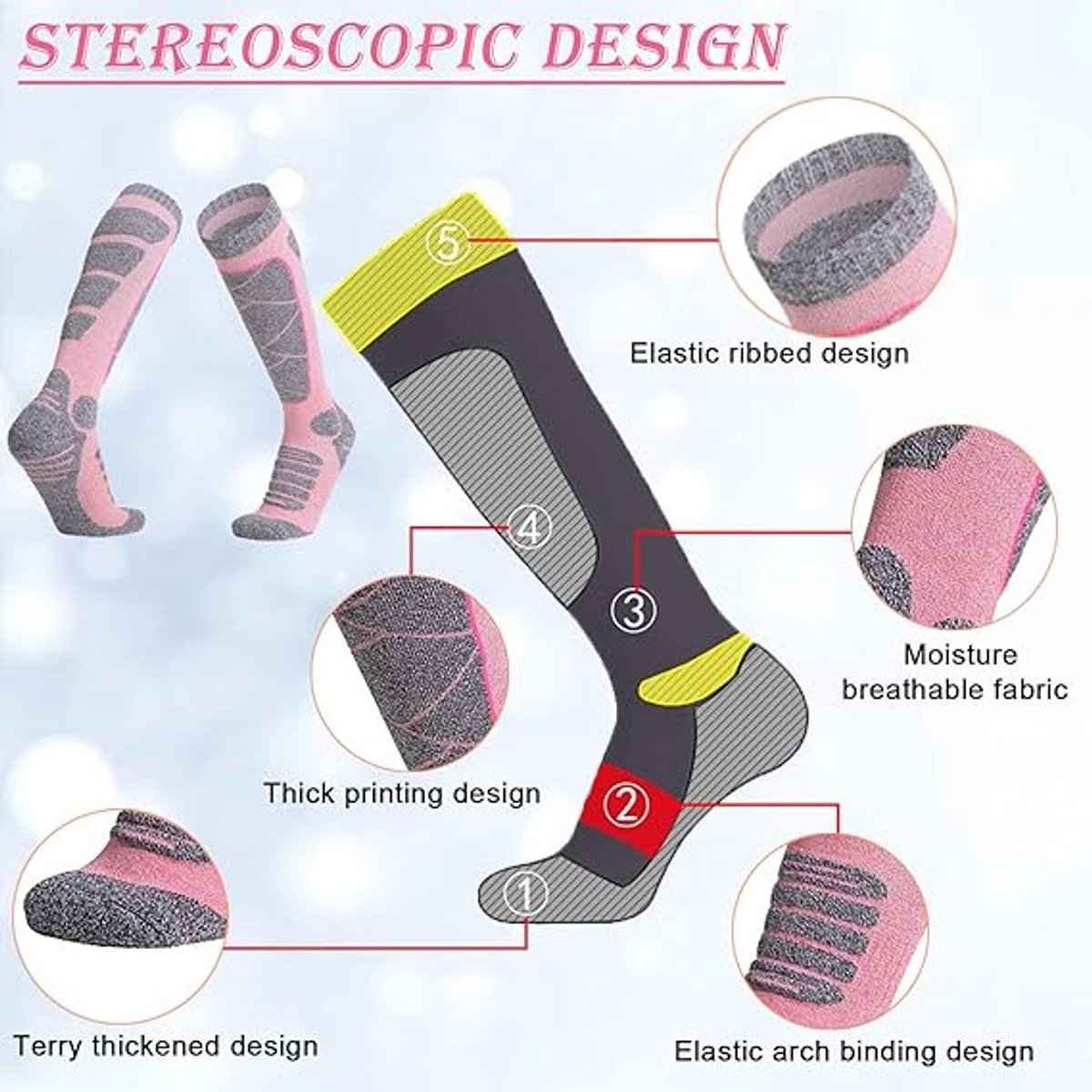 Ski Socks - 3 Pairs - Women's Socks - Sports Socks - Cotton Socks - Warm Socks Women - Long House Socks - Women's Ski Socks - Snowboard Socks - for Skiing, Snowboarding, Hiking - Size 35-39 (M)