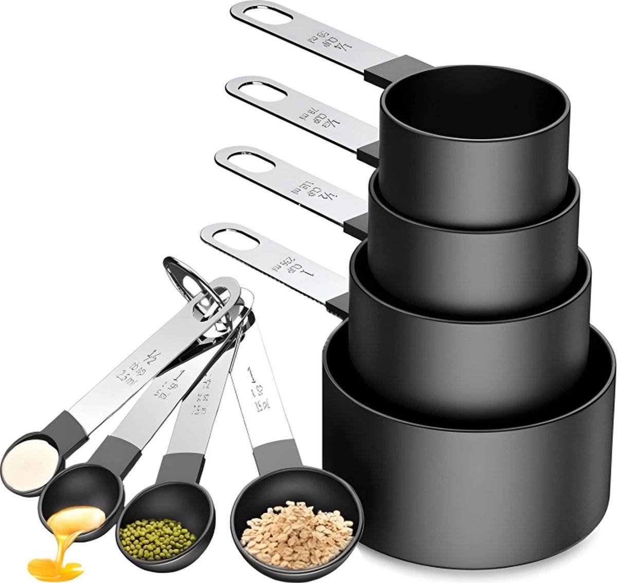 8-Piece Set of Measuring Spoons & Cups - Measuring Cups - Measuring Cups - Scoops in Various Sizes - Cups & Spoons - Durable - Practical - For Precise Weighing and Measuring - Black