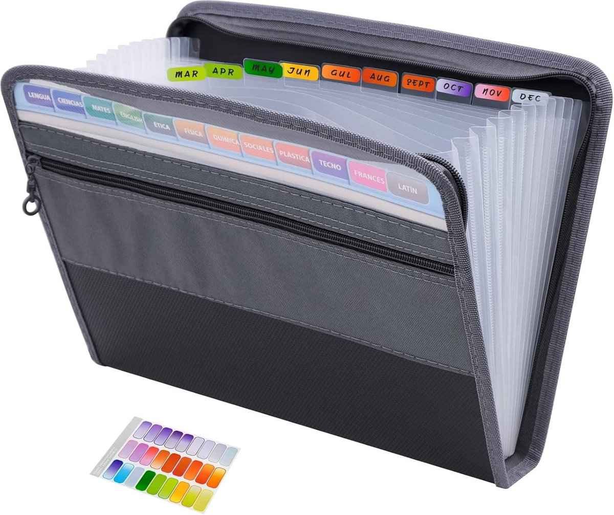 Project Folder - A4 - Foldable File Folder with Tabs - 13 Compartments - Storage Folder/Sorting Folder - Compartment Folder - Durable Plastic Document Folder - Writing Folder with Zipper - Conference Folder - Work Folder - Document Folder - Black - Portab