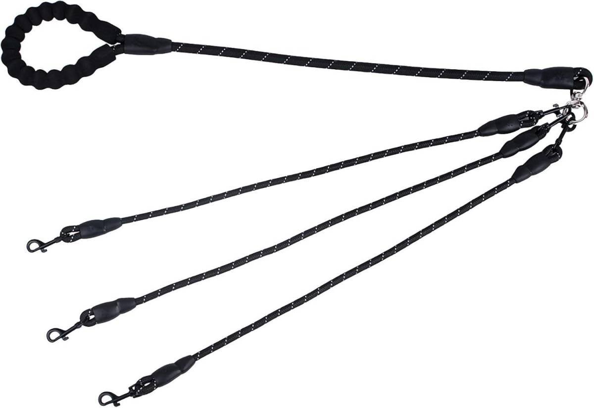Black 3-in-1 No-Tangle Dog Leash for 1-3 Small Large Dogs – Heavy Duty 360° Swivel Bungee Coupler with Reflective Nylon Braid & Padded Handle