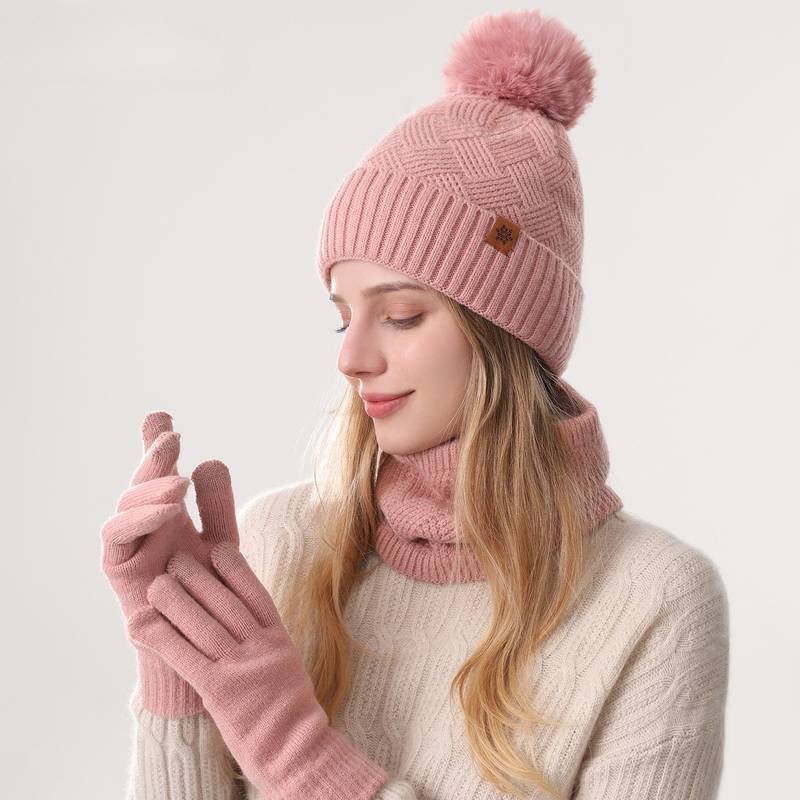 Women's Fashionable Winter 3-Piece Set: Knit Hat, Scarf, and Gloves.  A must-have for outdoor skiing and cycling - Pink