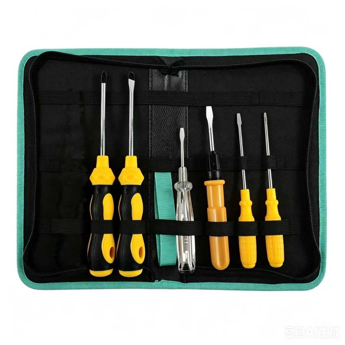 7-Piece Household Screwdriver Set — Includes a 6-Piece Yellow Screwdriver Set and a Medium-Sized Black Multi-functional Canvas Tool Bag. Features Carbon Steel Tips, Plastic Handles, and an Integrated Voltage Tester. The Tool Bag is Constructed from Durabl