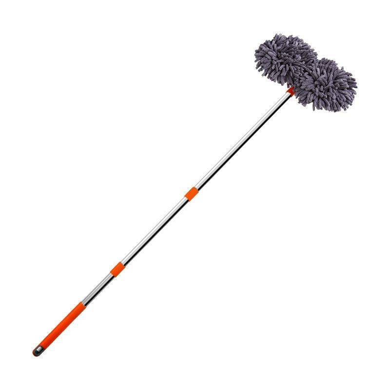 Orange and Grey Telescopic Dual-Head Car Wash Brush with 360° Rotating Chenille Mop Head - Long Handle Auto Cleaning Tool