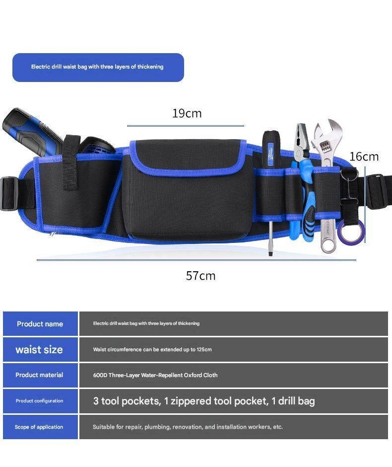 Blue Professional Oxford Cloth Tool Waist Bag –Tool Belt, Multifunctional Work Belt, Men's Robust, Adjustable Tool Belt - Heavy-Duty 600D Waterproof for Electricians, Mechanics & Construction Workers