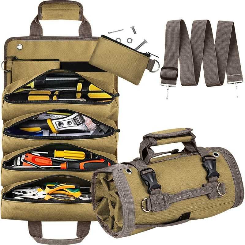 Khaki Multi-Purpose 600D Oxford Cloth Roll-Up Tool Organizer Bag – Heavy-Duty Waterproof & Anti-Scratch Organizer for Electricians, Mechanics & Automotive Use-Duty Oxford Fabric - Multi-Pocket Storage for Electricians, Mechanics & DIY Enthusiasts