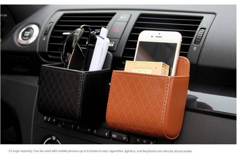 Beige Leather Car Air Vent Storage Bag - Multi-Purpose Phone Holder & Organiser Pouch for Sunglasses, Keys, Cards - Universal Fit, Easy Install, Compact Design for Dashboard Tidy