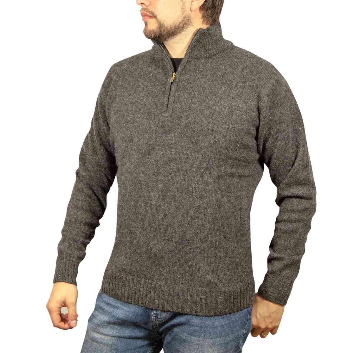 100% SHETLAND RAGG WOOL Half Zip Up Knit JUMPER Pullover Mens Sweater Knitted - Charcoal - L