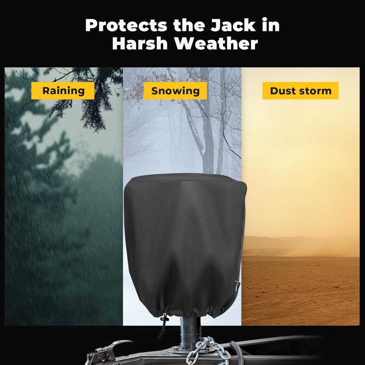 Heavy-Duty 2-Layer 600D Polyester Jack Cover for Electric Tongue Jacks on Campers, RVs, and Trailers—Features Double-Pull Drawstring, Cord Locks, and Reinforced Seams for Outdoor Use (Black)
