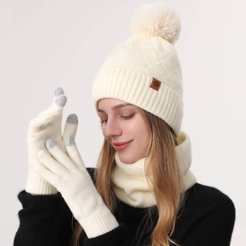 Women's Fashionable Winter 3-Piece Set: Knit Hat, Scarf, and Gloves.  A must-have for outdoor skiing and cycling - Off-White