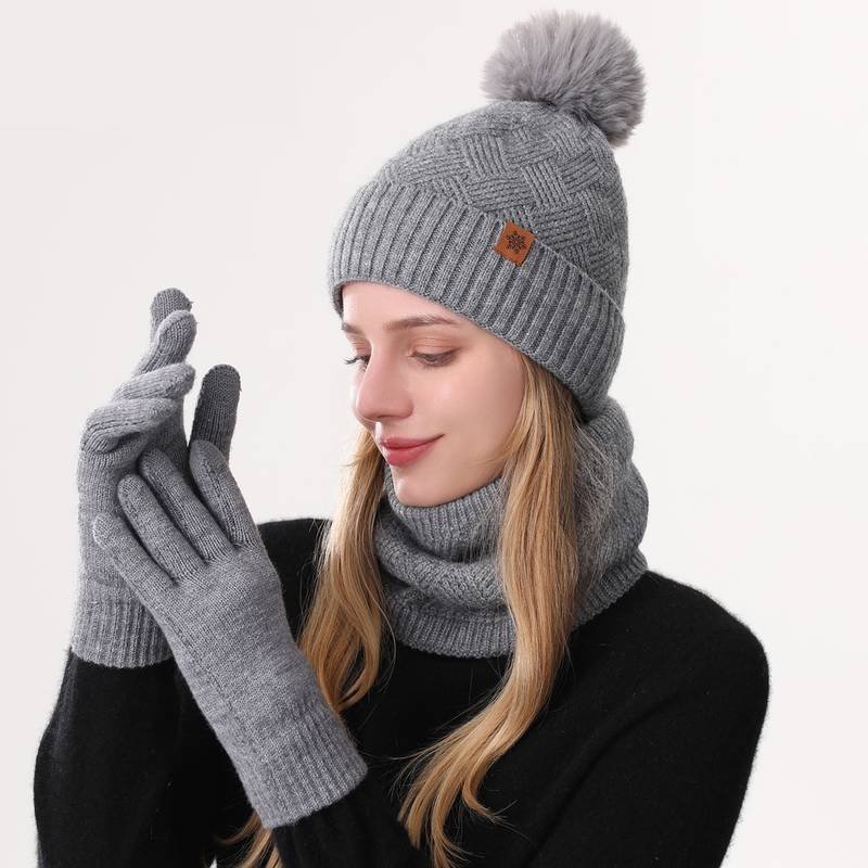 Women's Fashionable Winter 3-Piece Set: Knit Hat, Scarf, and Gloves.  A must-have for outdoor skiing and cycling—Gray