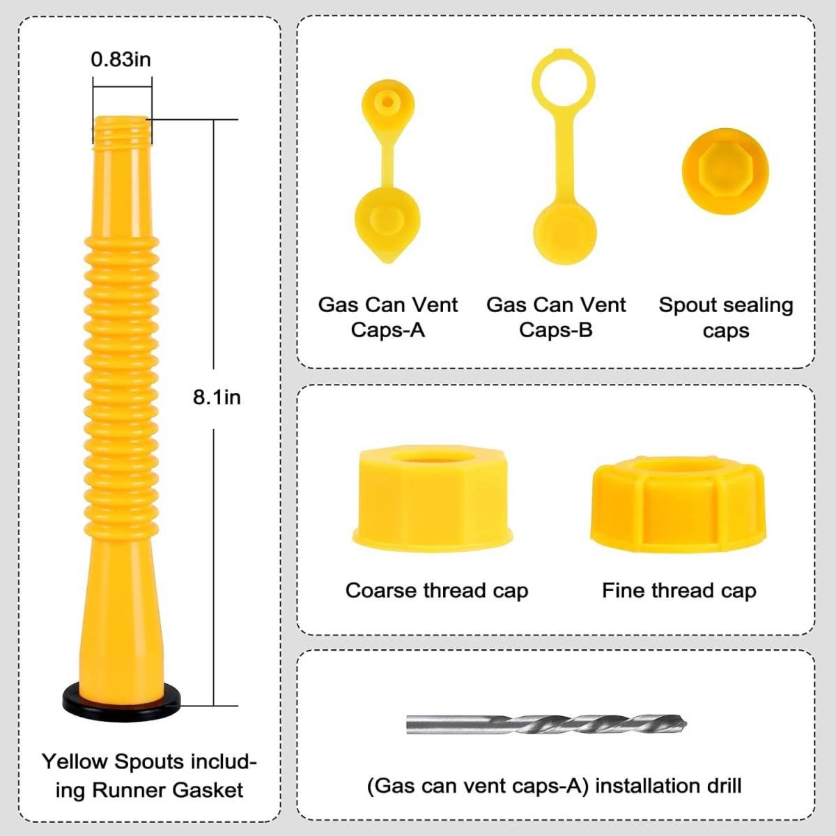 3-Pack Fuel Can Spout Kit with Flexible Yellow Spouts, Coarse & Fine Threaded Caps, Dual Vent Caps, Sealing Gaskets, and Installation Drill Bit for Standard Gas Cans (Yellow)