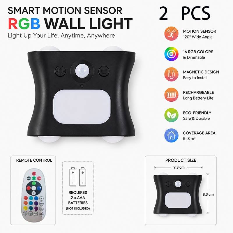 2 pcs Black  Motion Sensor Wall Light, Rechargeable Magnetic LED Ambient Wall Lamp with Remote Control, 16 Colors & 3 Color Temperatures, Wireless Indoor Night Light for Bedroom Hallway Living Room