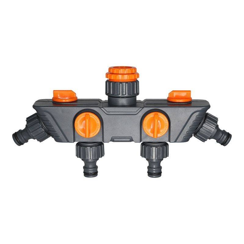 4-Way Distributor, 4 Ports, Orange, Metal/Plastic, Ball Valve, Garden Valve, Connector, Distributor