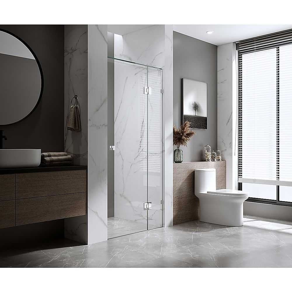 100cm Wall to Wall Frameless Shower Screen with Nickel Brackets and Brass Hinges, Square Double Pull Handle