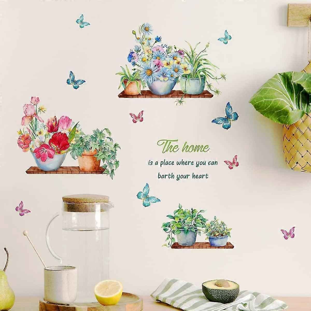 Green Potted Plants Wall Stickers Butterfly Flower Plant Wall Sticker For Kitchen Living Room Decoration