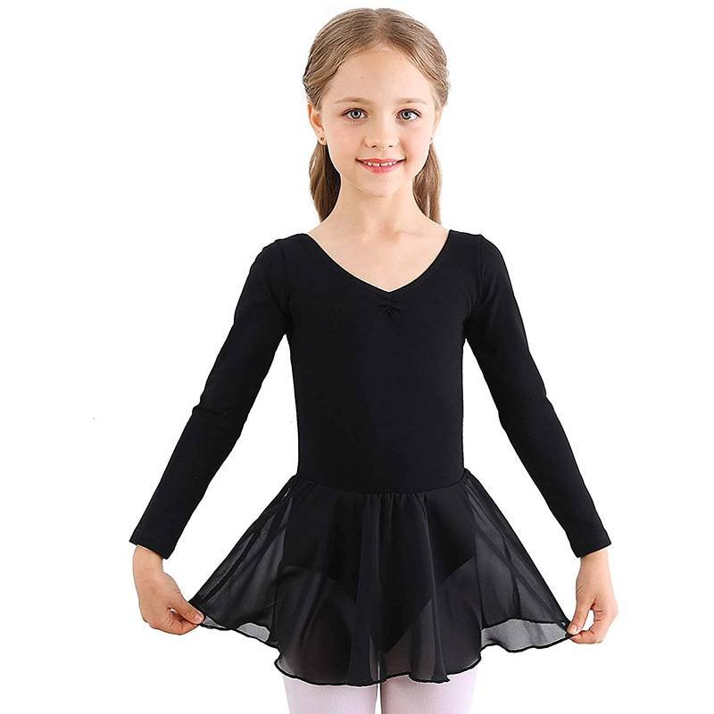 Ballet dress for girls with long sleeves and tulle skirt in black Black_jarx Black 130 cm