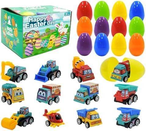 12Pcs Easter Eggs with Mini Pull-Back Cars, Stuffed Easter Eggs, for Boys and Girls