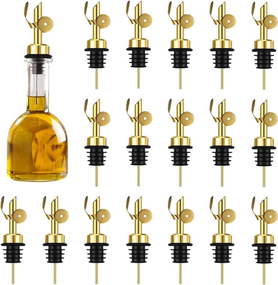 24pc Olive Oil Spout Stainless Steel Weighted Bulk Self-Closing Bottle Pourers for Wine Syrup Home Bar Accessories (Gold)