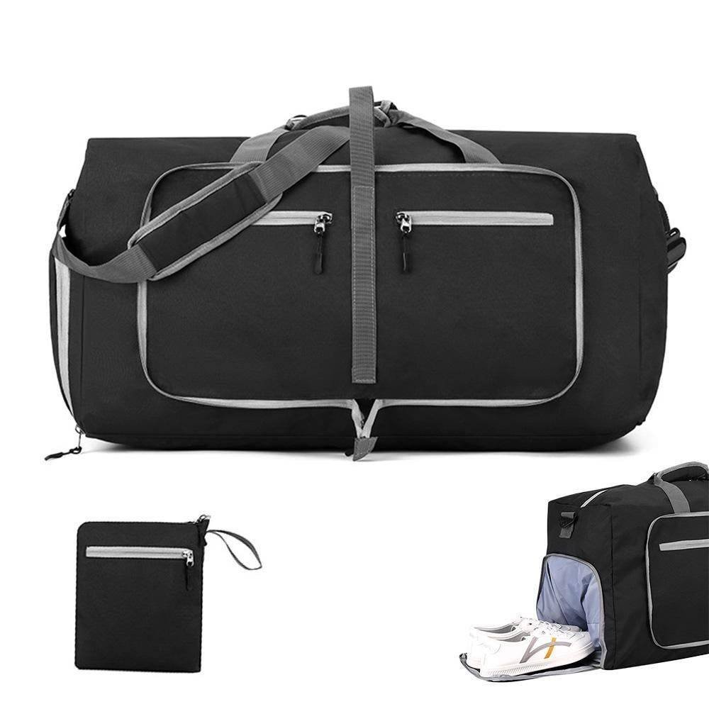 Foldable Travel Duffle Bag with Shoe Compartment - Black
