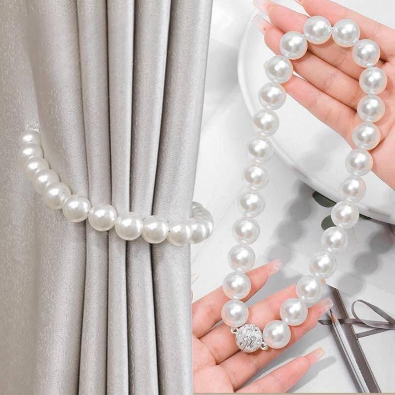 3 Pairs Magnetic Pearl Curtain Tiebacks（40cm） - No-Drill ABS Bead Holdback with Rhinestone Clasp 