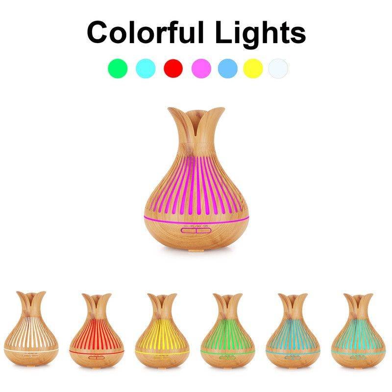 Wood Grain Flower Vase Diffuser and Humidifier, 7-Color LED Light, Timer, and Remote Control, 500 mL Ultrasonic Aroma Diffuser—Light Wood