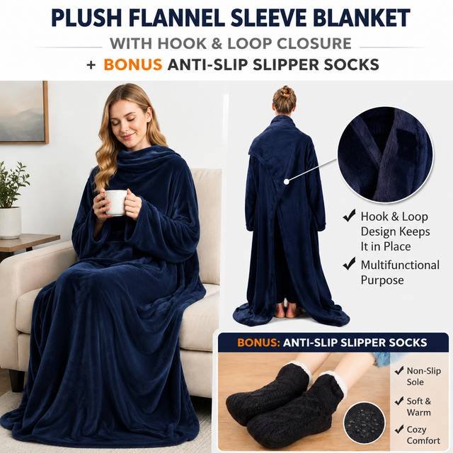 Winter Cozy Warm Loungewear Gift Set – 170 × 200CM Navy Blue Flannel Fleece Wearable Blanket with Adjustable Sleeves Large Front Pocket and Back Velcro Closure, Free XL Size Sherpa Fleece Cable Knit Anti-Slip Slipper Socks for Home Relaxation