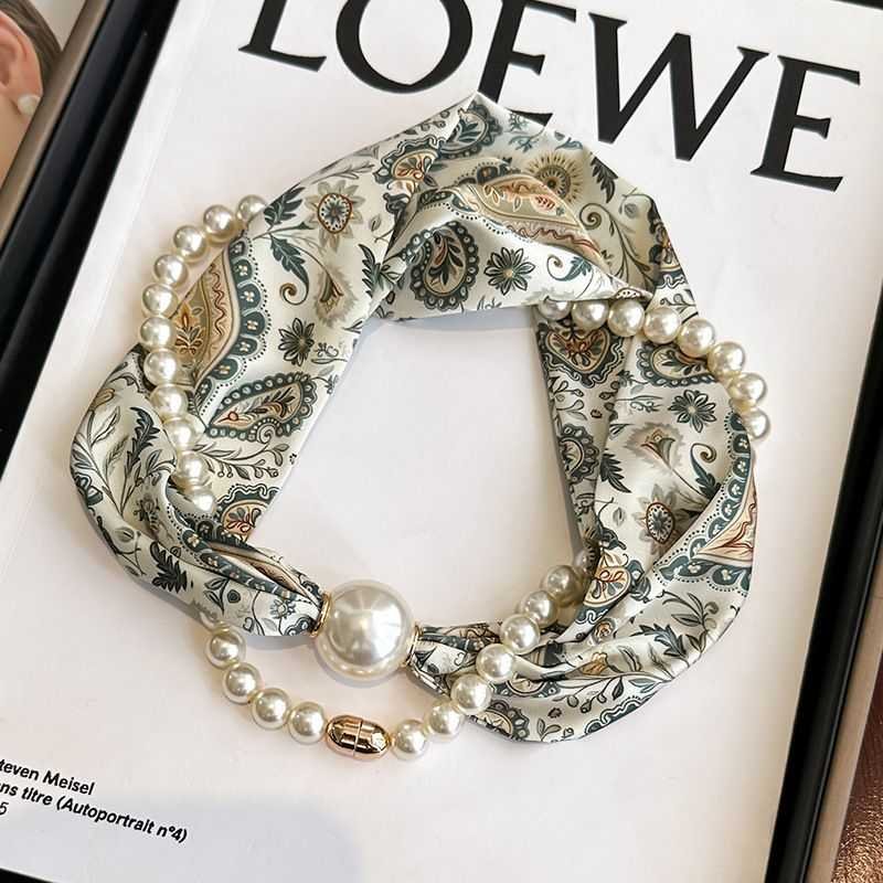 Green leaf pattern 2-in-1 Magnetic Pearl Scarf & Necklace Set - Floral Print Polyester Neck Wrap with Detachable Bead Chain