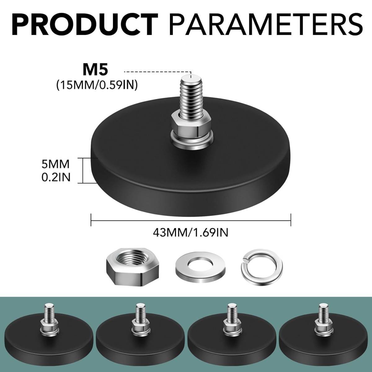 16Pack Rubber Coated Magnets, 30LBS Rubber Coated Neodymium Magnets with M5 Magnetic Assembly Base for Light Bar Mirror Camera Tool(1.69 Inch)
