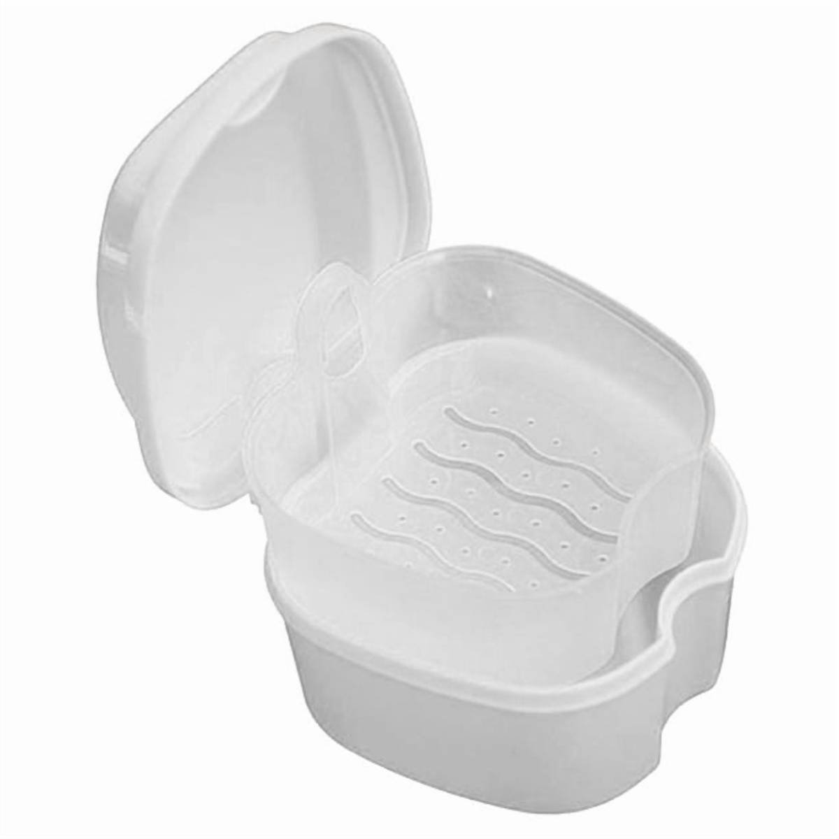 Denture Bath Case Cup Box Holder Storage Container with Denture Cleaner Brush Strainer Basket for Travel Cleaning White