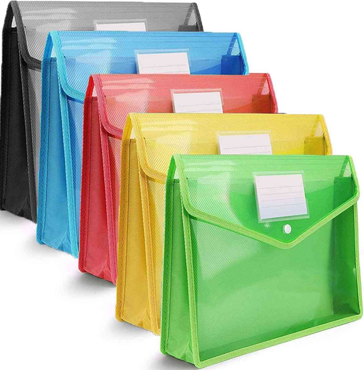 A4 plastic wallet - set of 5 popper wallets plastic folders premium pocket map envelopes for school office home with press stud closure - large capacity