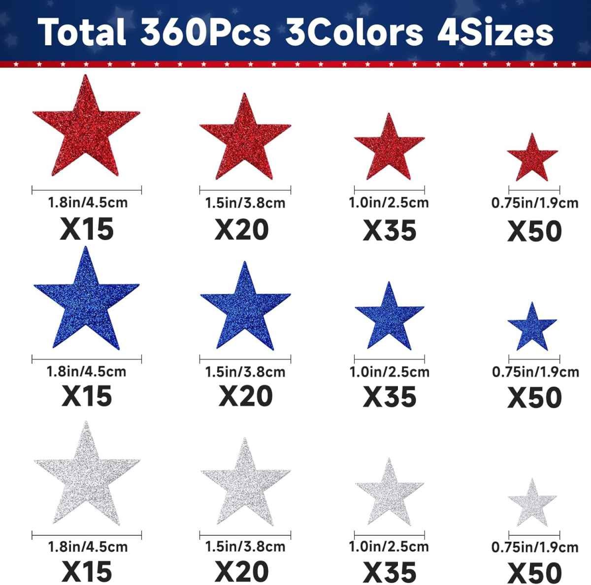 360Pcs Star Stickers - Red Blue Silver USA Patriotic Star Stickers Self Adhesive 4th of July Sticker Glitter Foam Stars Shaped Sticker for Kids Reward Art Craft Memorial Independence Day Decor