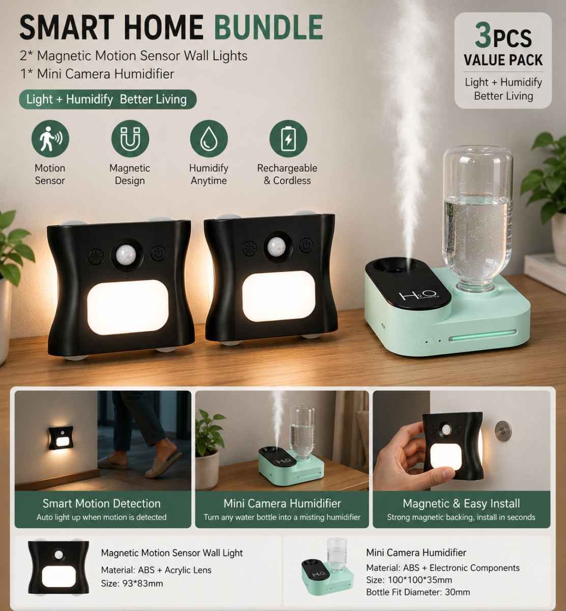 3PCS Smart Home Atmosphere Set – Green USB Rechargeable Camera Humidifier & 2pcs Black RGB Motion Sensor Wall Light, Magnetic Wireless Night Lamp with Remote Control for Bedroom, Living Room & Office