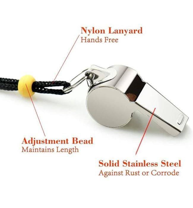 2PCS Stainless Steel Whistle Survival Tool Sports Referee Whistle with Adjustable Bead Lanyard-Silver