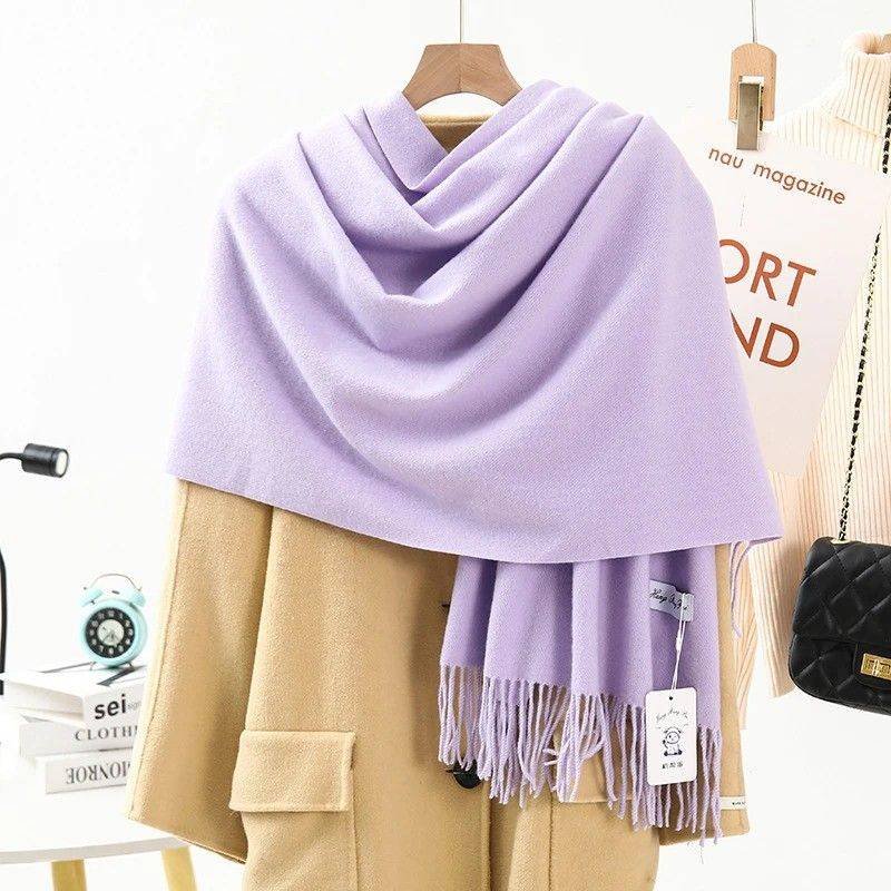 Solid Color Cashmere Wrap Scarf, Thickened for Warmth and Windproof, Bohemian-Style Winter Wardrobe Essential(light purple)