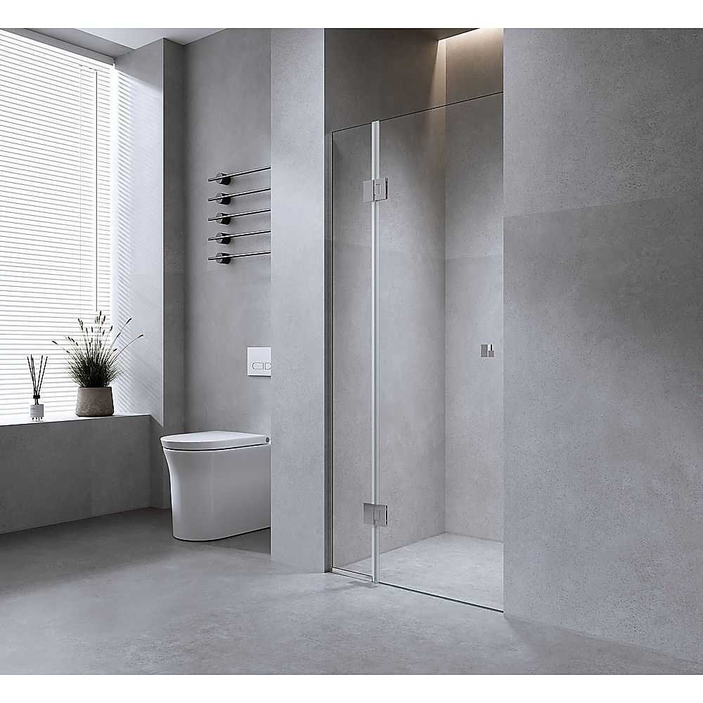110cm Wall to Wall Frameless Shower Screen – White Wall Channel and Floor Channel, SS Hinges & Square Double Pull Handle