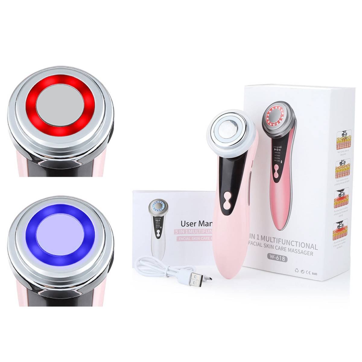 Face Massager Electric Face Lifting 4 in 1 Facial Massager Anti Aging Skin Tightening Firming Skin Care Tools,USB Rechargeable Red Blue Light Thermal Massage Beauty Device 400mah 3.7V/0.6A