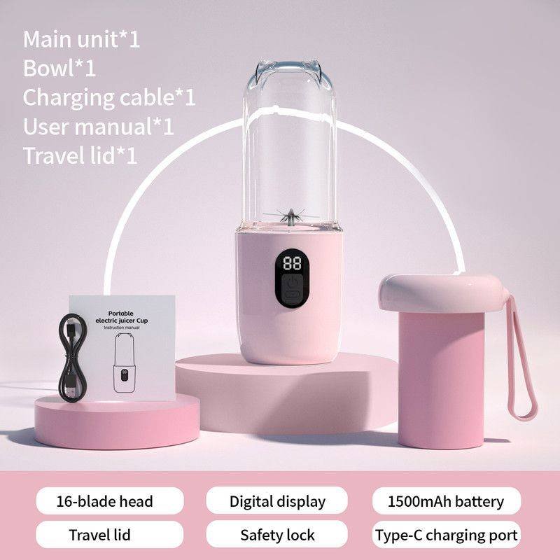 Portable Electric Juicer Cup, with Digital Display for Home Use, High-Power 16-Blade Head, Large-Capacity Outdoor Portable Wireless Charging Juicer Cup, Food-Grade Material with Child Safety Lock Design - Pink